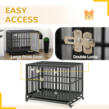 44" Heavy Duty Steel Dog Crate Kennel Pet Cage with Wheels for Convenient Access Anti-Pinching Floor, Black