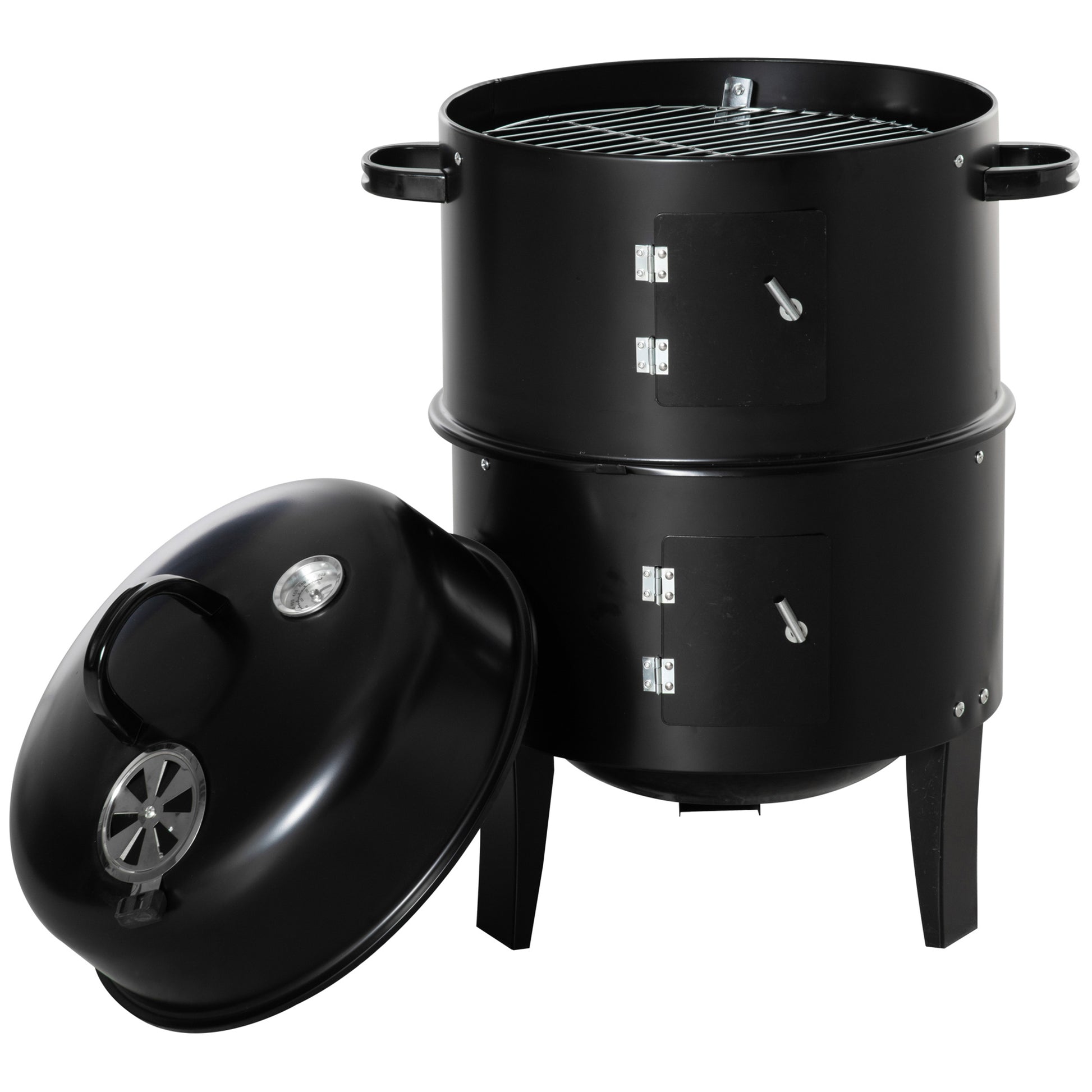 3-in-1 Vertical Charcoal BBQ Smoker, 16" Round Barbecue Grill with 2 Cooking Areas and Thermometer, Black