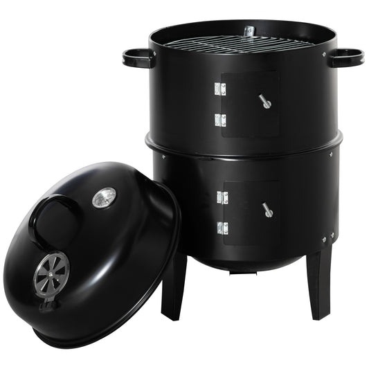 3-in-1 Vertical Charcoal BBQ Smoker, 16" Round Barbecue Grill with 2 Cooking Areas and Thermometer, Black
