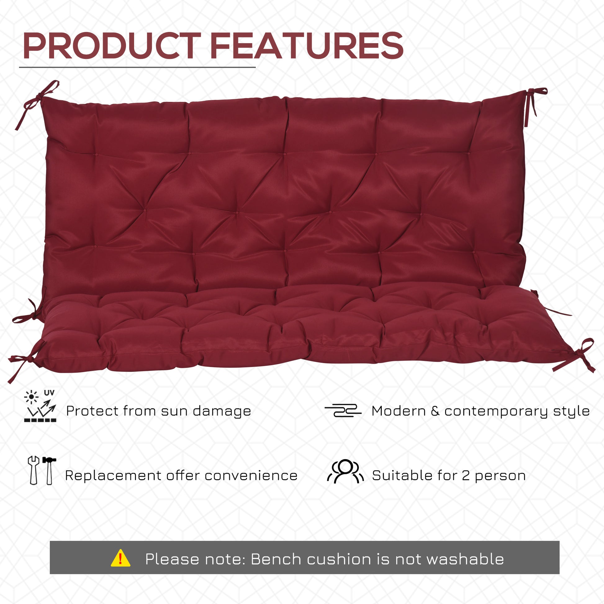 2 Seater Garden Bench Cushion, Soft Thick Outdoor Non-Slip 2 Seater Soft Pad With Backrest for Garden Patio, 47" x 43" x