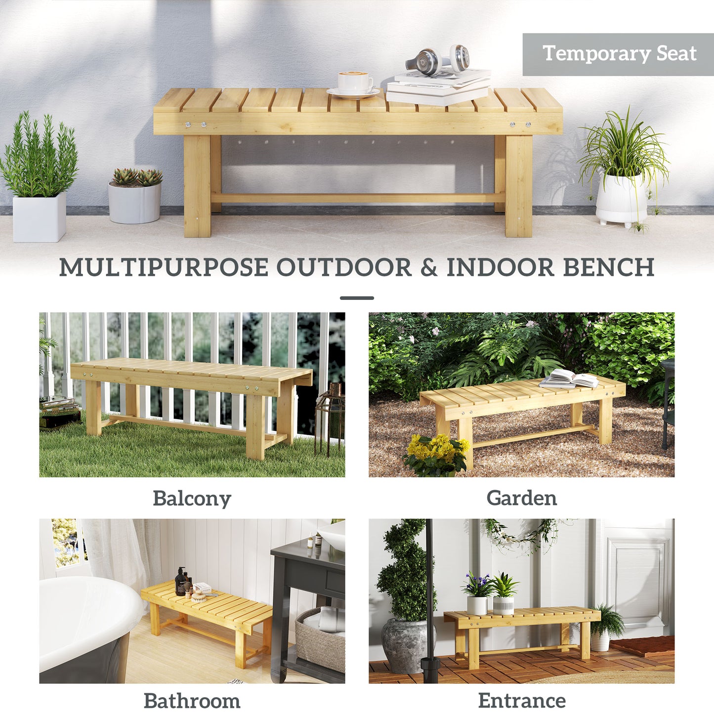 43" Wood Outdoor Bench, 2 Person Patio Bench, Backless Outdoor Patio Loveseat with Slatted Seat for Park, Backyard, Lawn