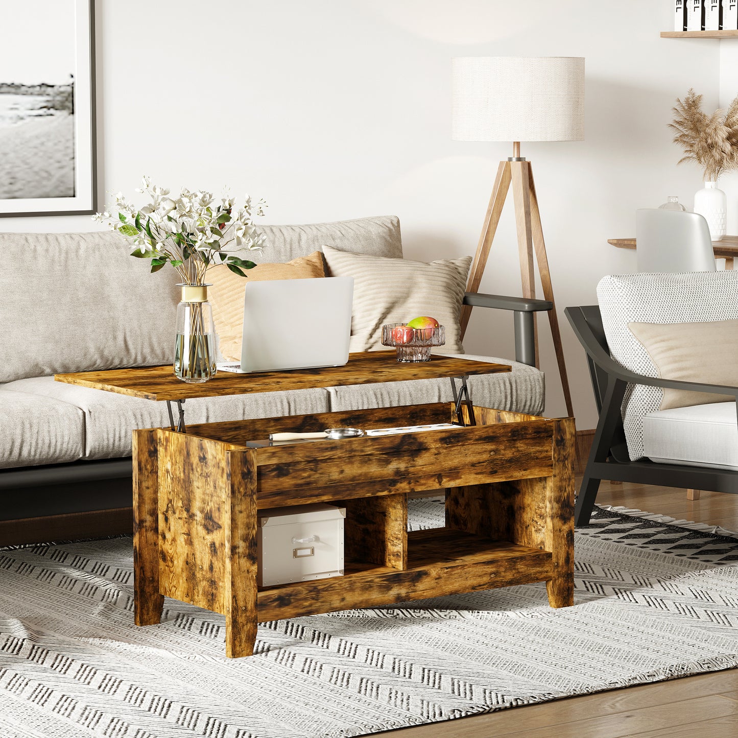 Lift Top Coffee Table with Hidden Storage Compartment and Open Shelves, Lift Tabletop Pop-Up Center Table for Living Roo