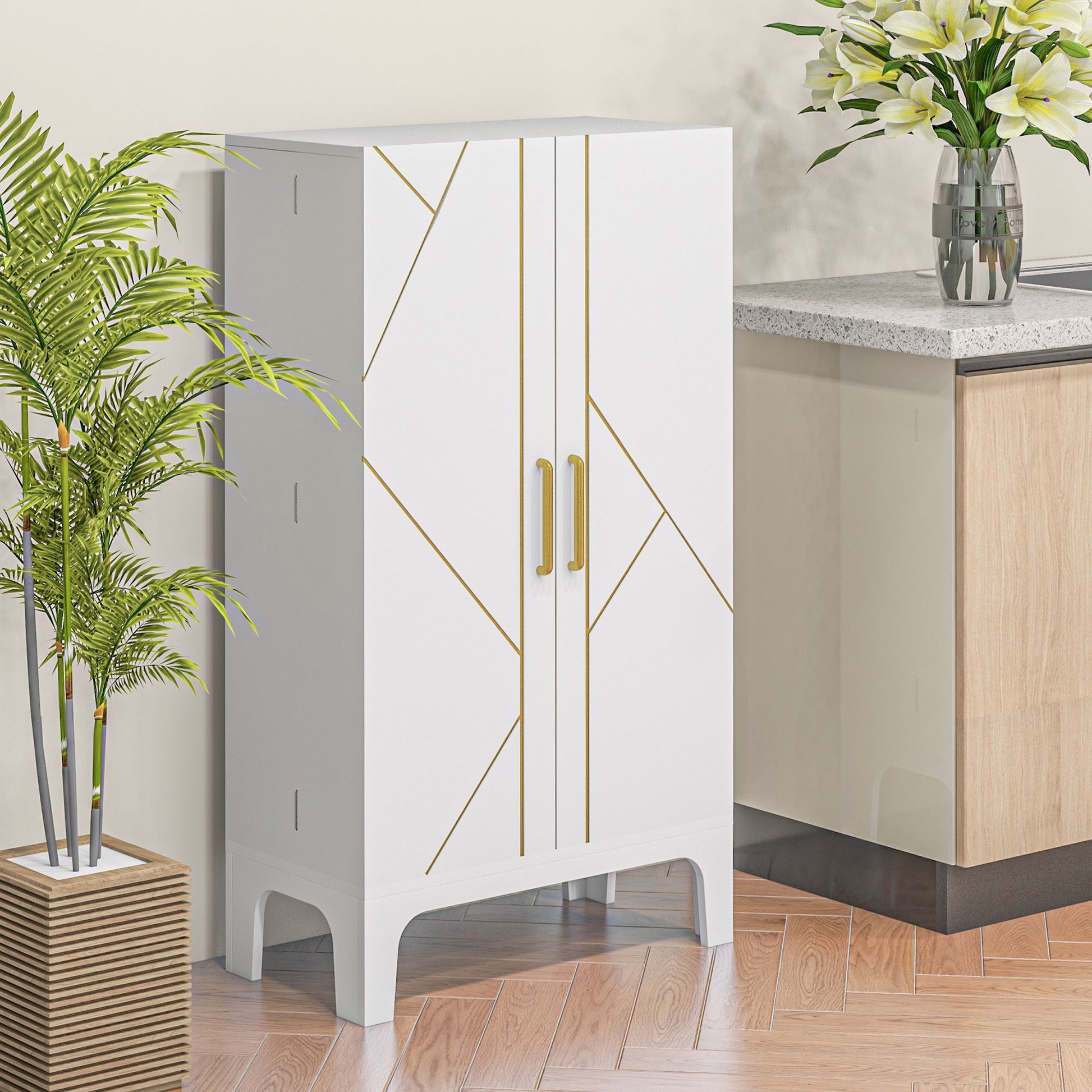 44" Storage Cabinet, 2-Door Kitchen Pantry Cabinet with 4-tier Shelving, 8 Spice Racks and Adjustable Shelves