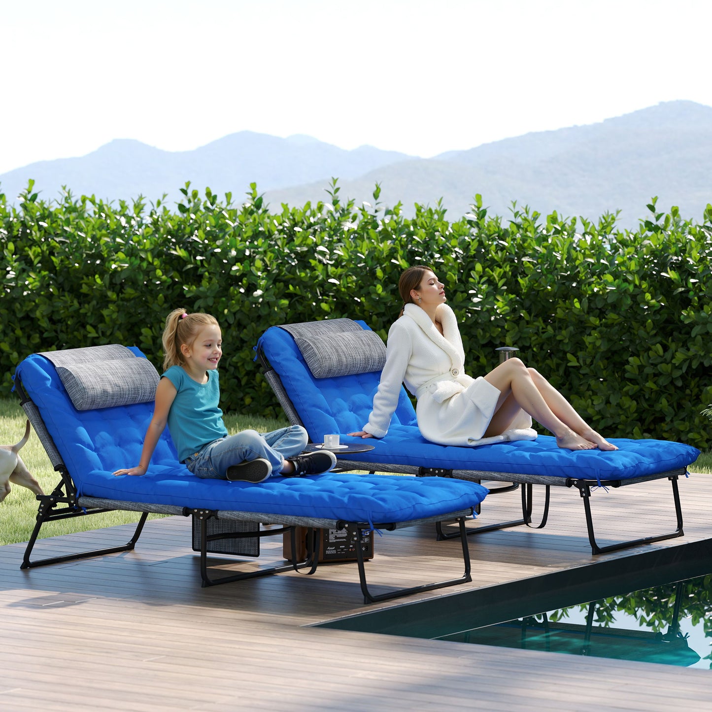 2 Pieces Folding Lounge Chairs with 4-level Reclining Back, Outdoor Tanning Chair with Cushion, Sun Lounger with Breatha