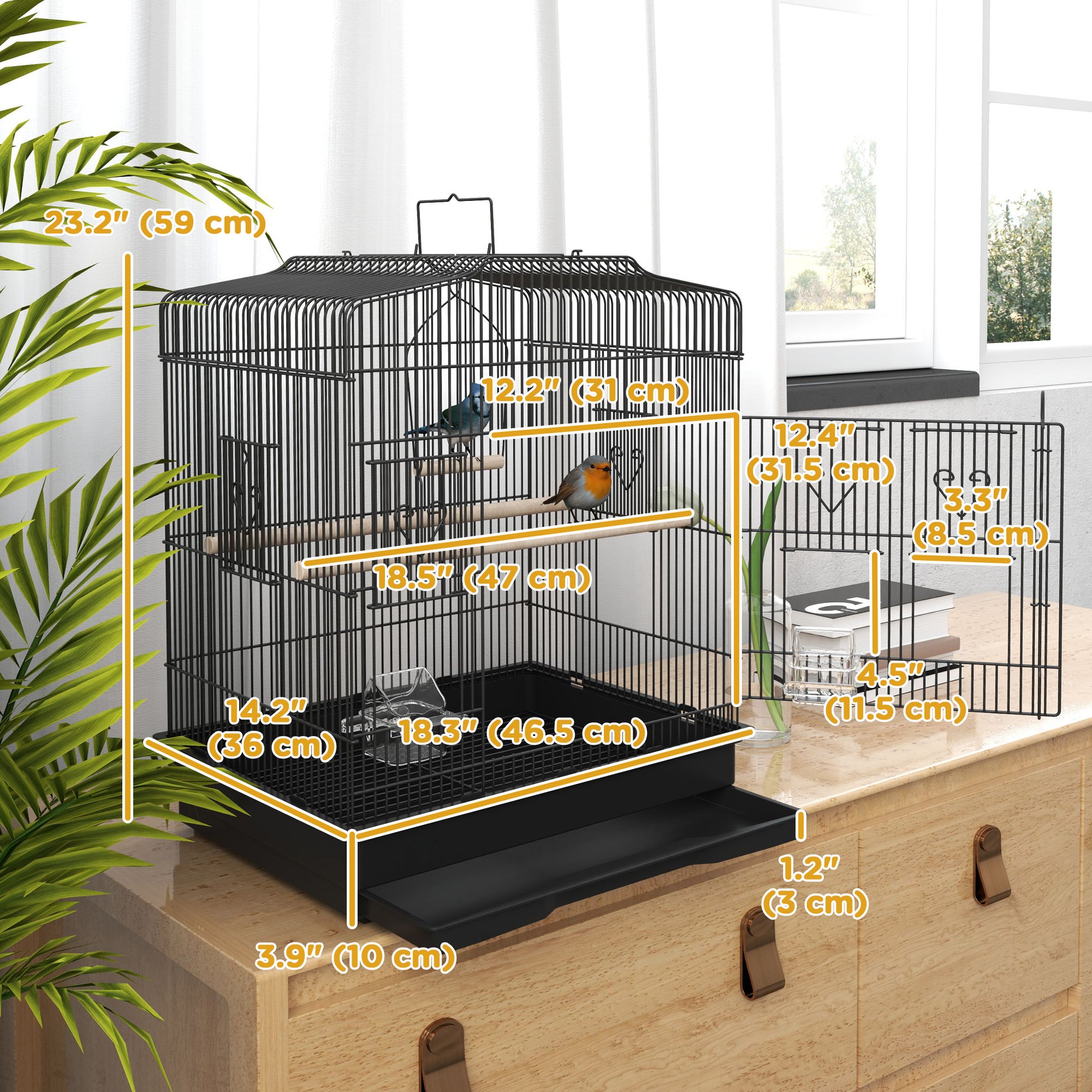 23" Bird Cage, Finches Canaries, Parrot Cage with Doors Perches, 2 Feeder Pet Supplies, Black