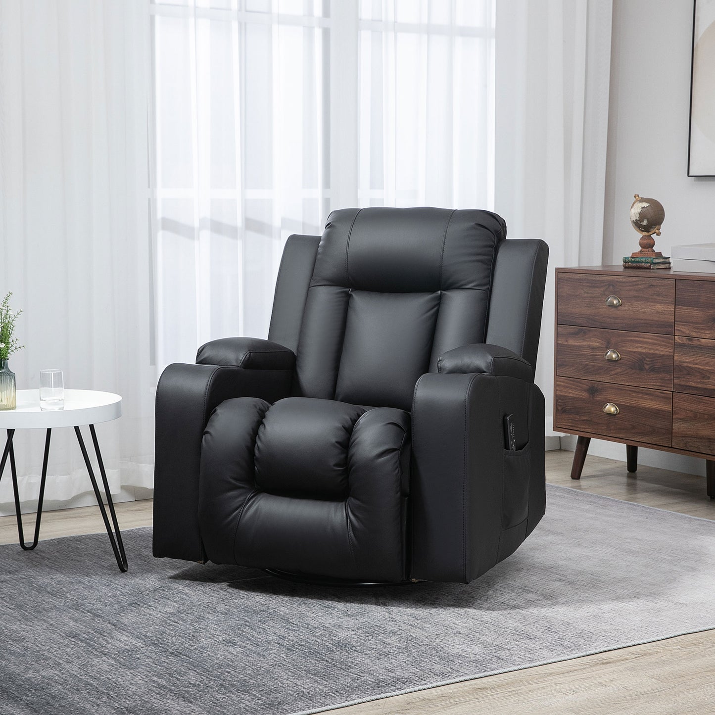 Swivel Massage Recliner Chair Rocker, Overstuffed Manual Reclining Sofa, PU Leather Rocking Chair with Side Pockets, Cup