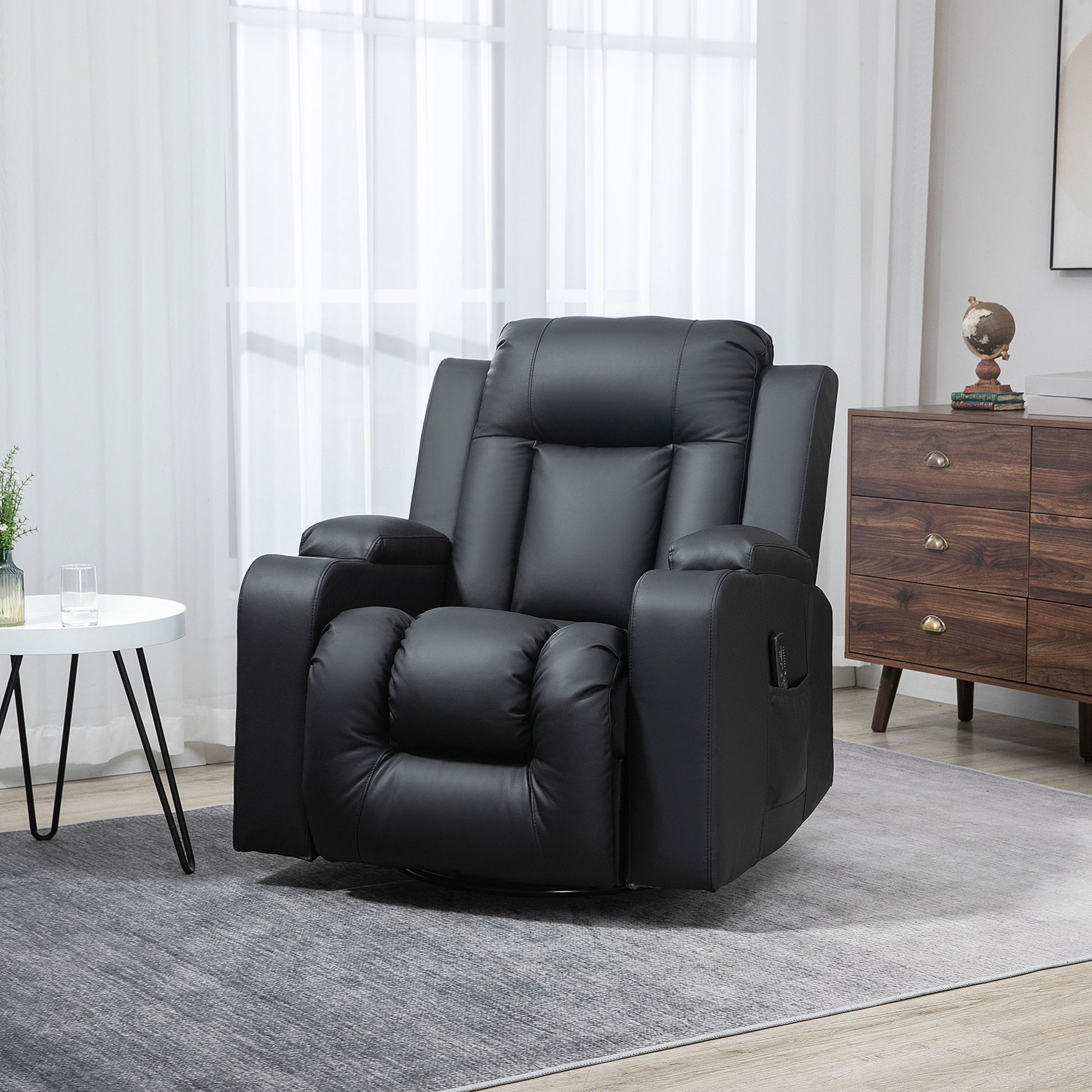 Swivel Massage Recliner Chair Rocker, Overstuffed Manual Reclining Sofa, PU Leather Rocking Chair with Side Pockets, Cup