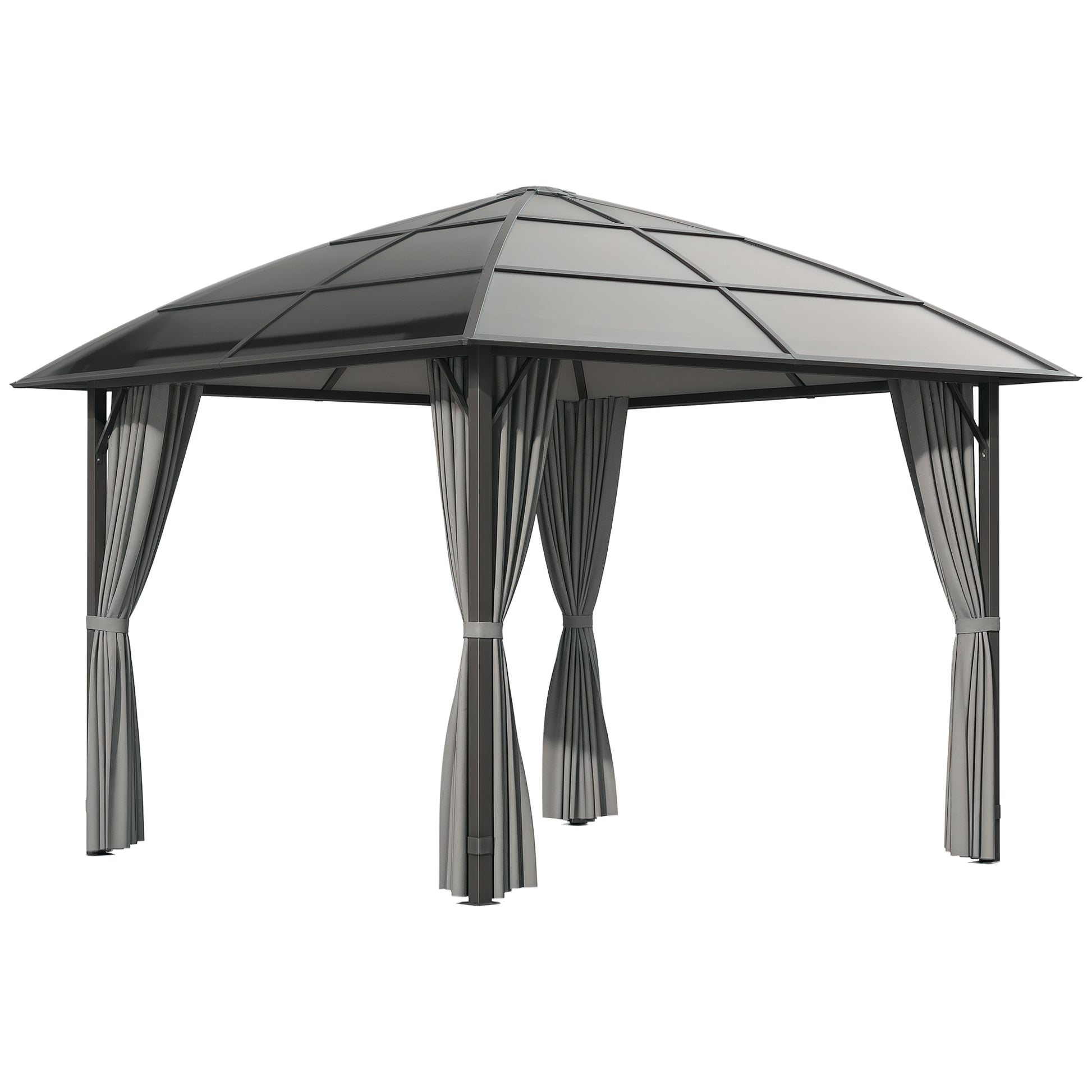 10' x 10' Hardtop Gazebo, Outdoor Gazebo Canopy with UV60+ Polycarbonate Roof, Curtains, Central Hook and Steel Frame fo