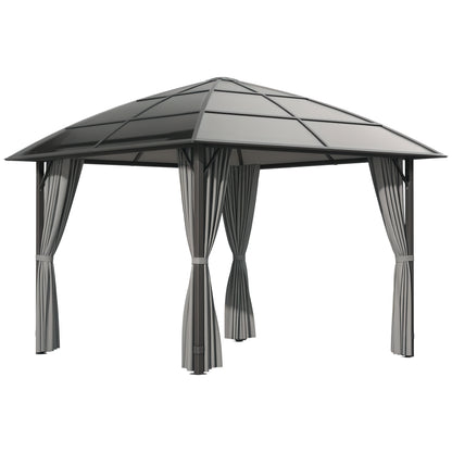 10' x 10' Hardtop Gazebo, Outdoor Gazebo Canopy with UV60+ Polycarbonate Roof, Curtains, Central Hook and Steel Frame fo