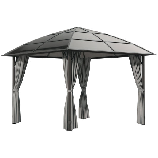 10' x 10' Hardtop Gazebo, Outdoor Gazebo Canopy with UV60+ Polycarbonate Roof, Curtains, Central Hook and Steel Frame fo
