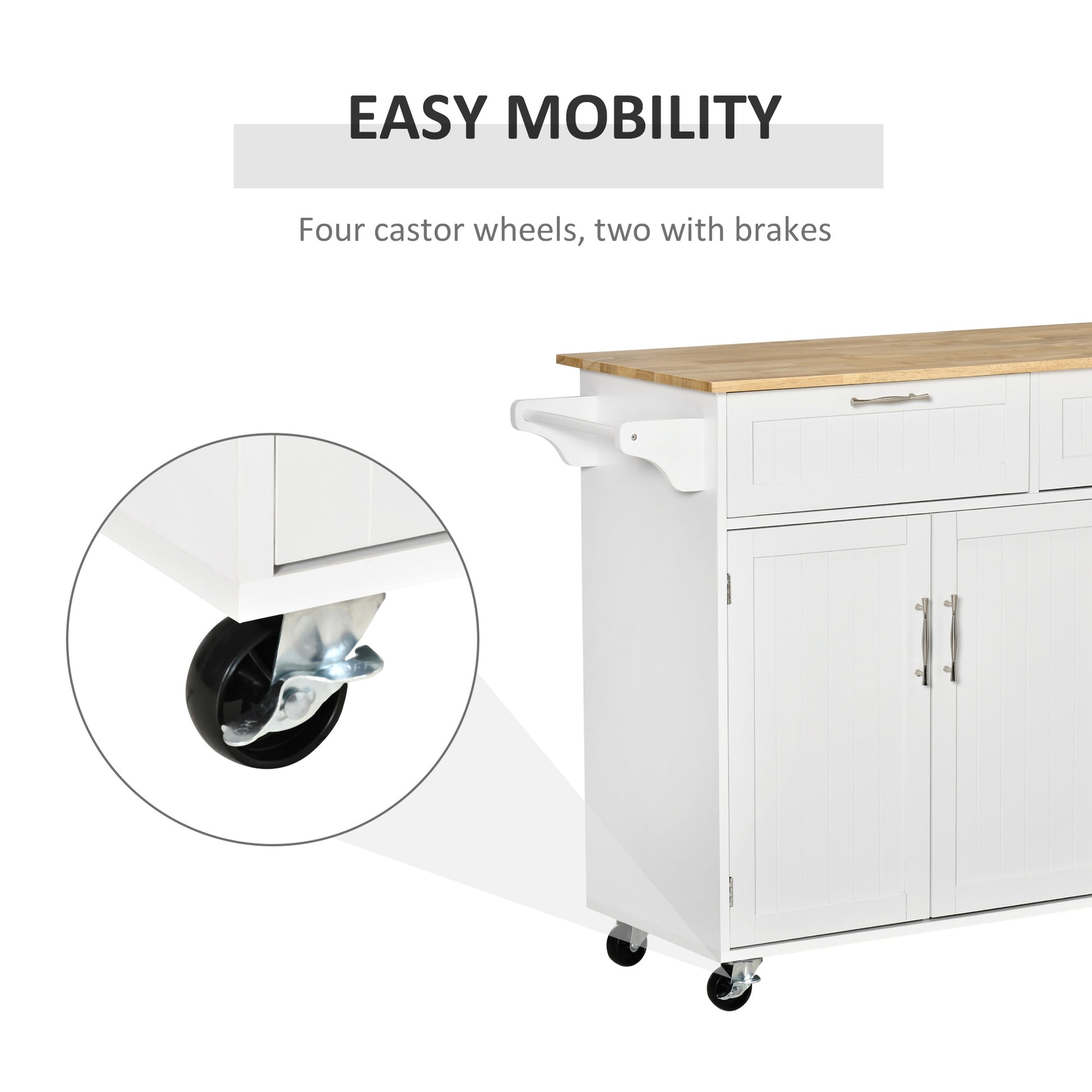 48" Kitchen Island with Storage and Solid Wood Top, Rolling Kitchen Cart on Wheels with 2 Storage Drawers, 3 Doors and T