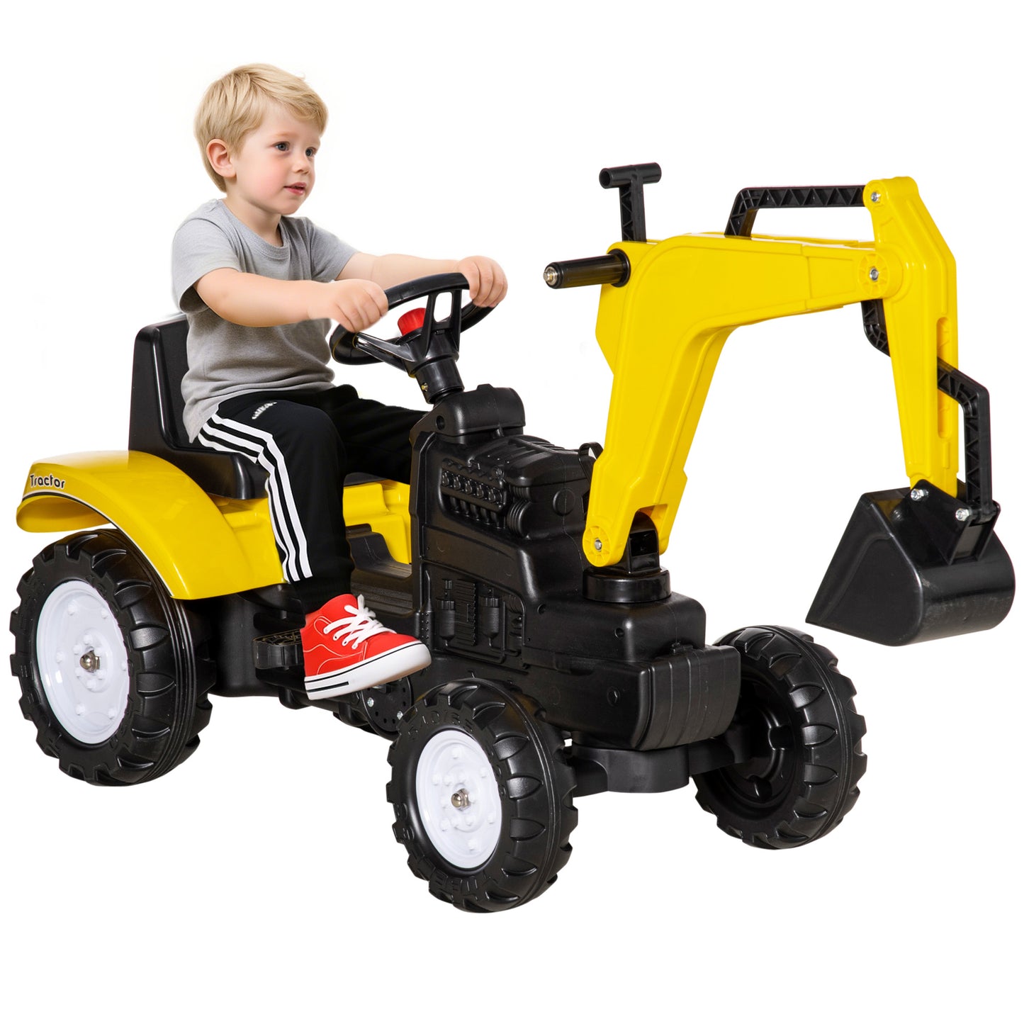 VarietyKart Ride on Tractor for Kids, Pedal Excavator Ride on Toy with Controllable Front Bucket for 3 Years Old, Yellow