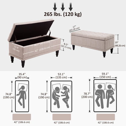 Storage Ottoman, Linen Fabric End of Bed Bench with Soft Close Lid, Button Tufted Storage Bench for Living Room, Entrywa