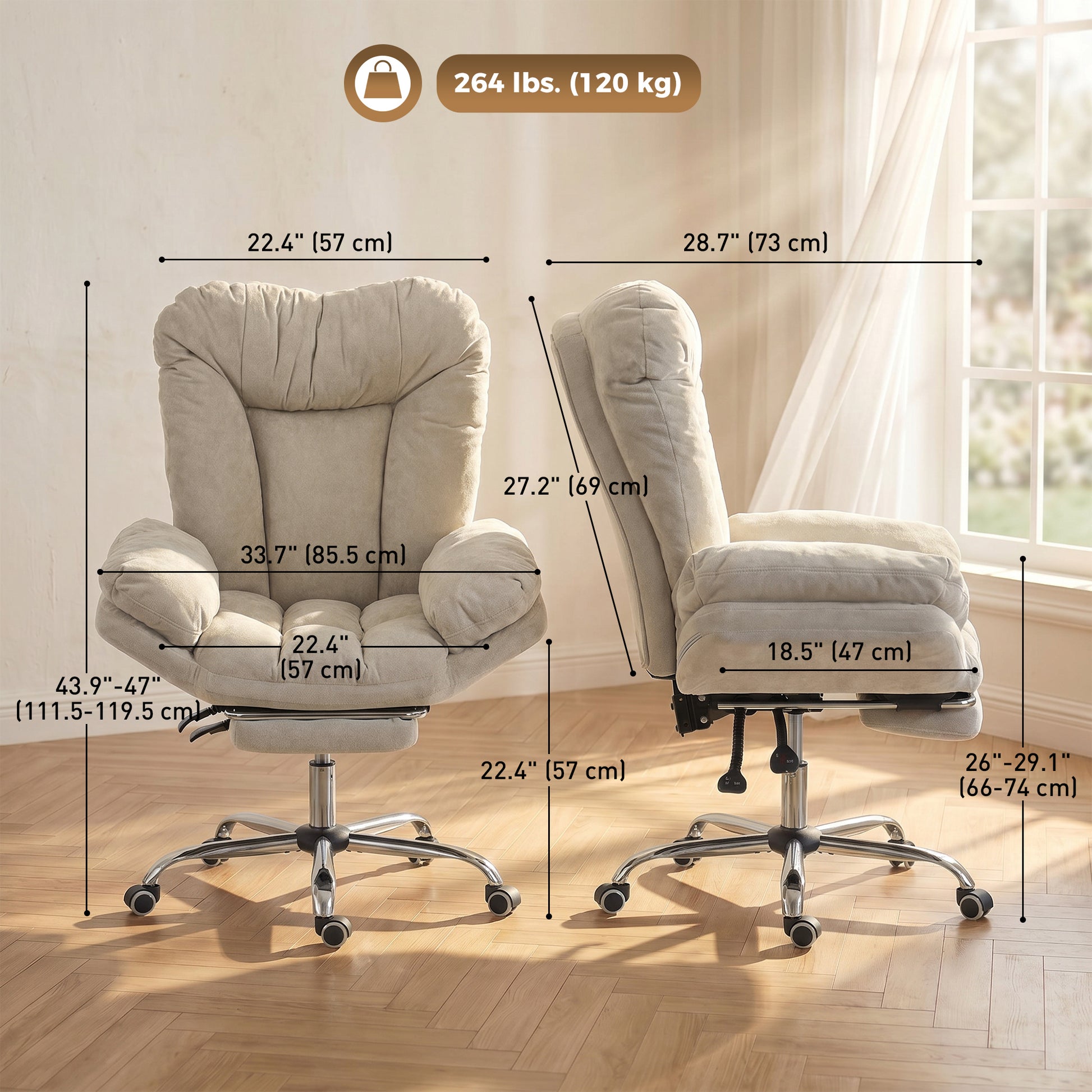 Criss Cross Chair with Wheels, Waterfall Armrests, Overstuffed Wide Office Chair with Footrest, Light Grey