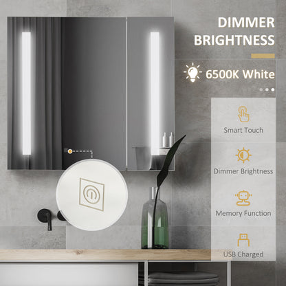 LED Medicine Cabinet with Mirror and Lights, 27.5" x 25.5" Lighted Bathroom Wall Cabinet, Bathroom Mirror Cabinet with A