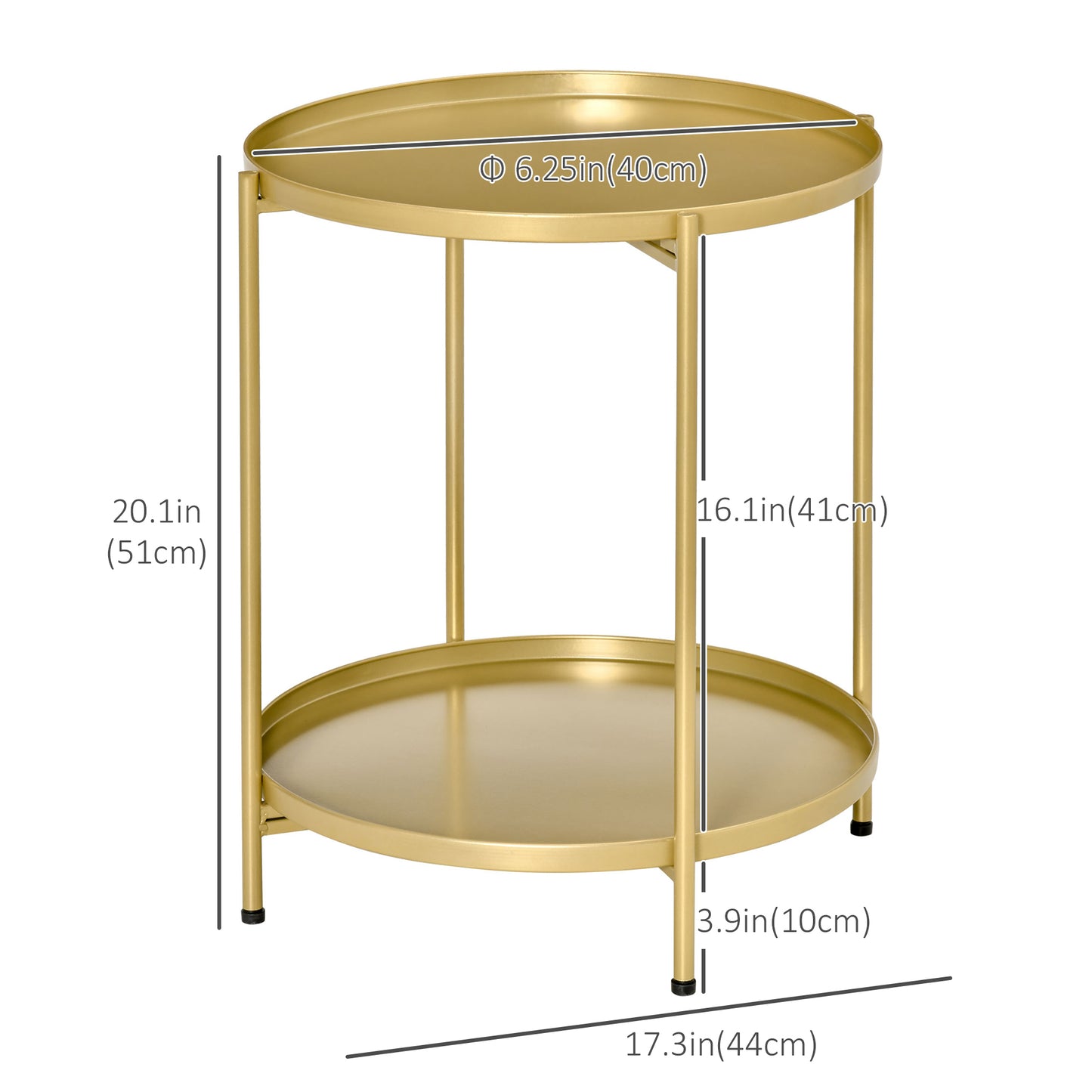 2-Tier Gold Side Table, Round Nightstand with Removable Trays Folding Metal Frame Adjustable Foot End Table for Living R