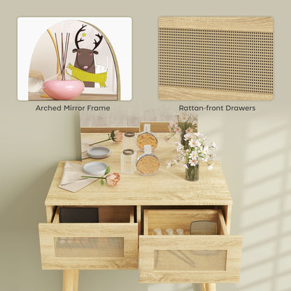 Vanity Desk, Makeup Vanity with with Mirror and 2 Drawers, Natural Wood