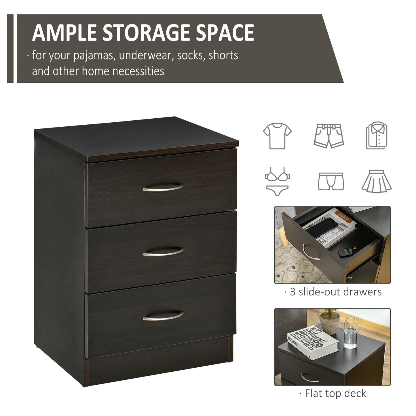 Bedside Table with 3 Drawers, Modern Wood Nightstand, Side Table with Anti-tipping Design for Bedroom, Set of 2, Dark Br
