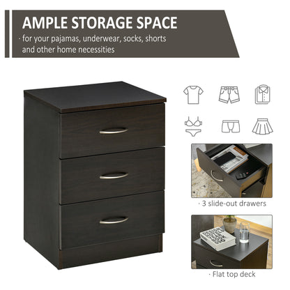 Bedside Table with 3 Drawers, Modern Wood Nightstand, Side Table with Anti-tipping Design for Bedroom, Set of 2, Dark Br