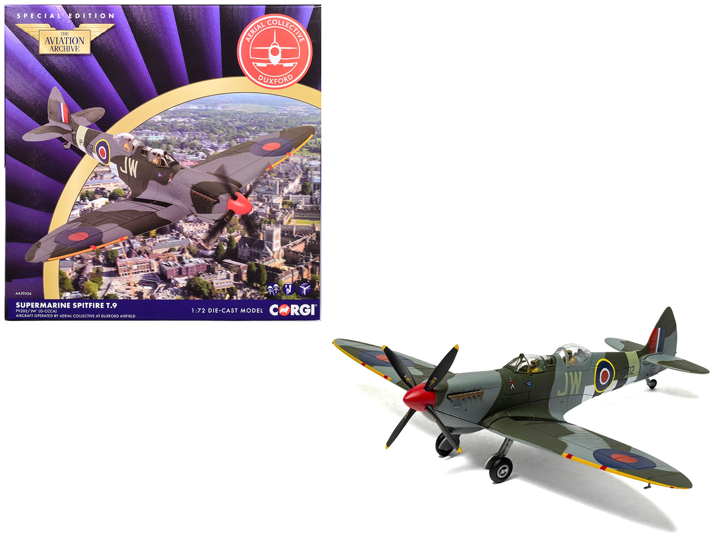 Supermarine Spitfire T.9 Aircraft "PV202 Aerial Collective at Duxford Airfield" British Royal Air Force "The Aviation Archive" Series 1/72 Diecast Model by Corgi