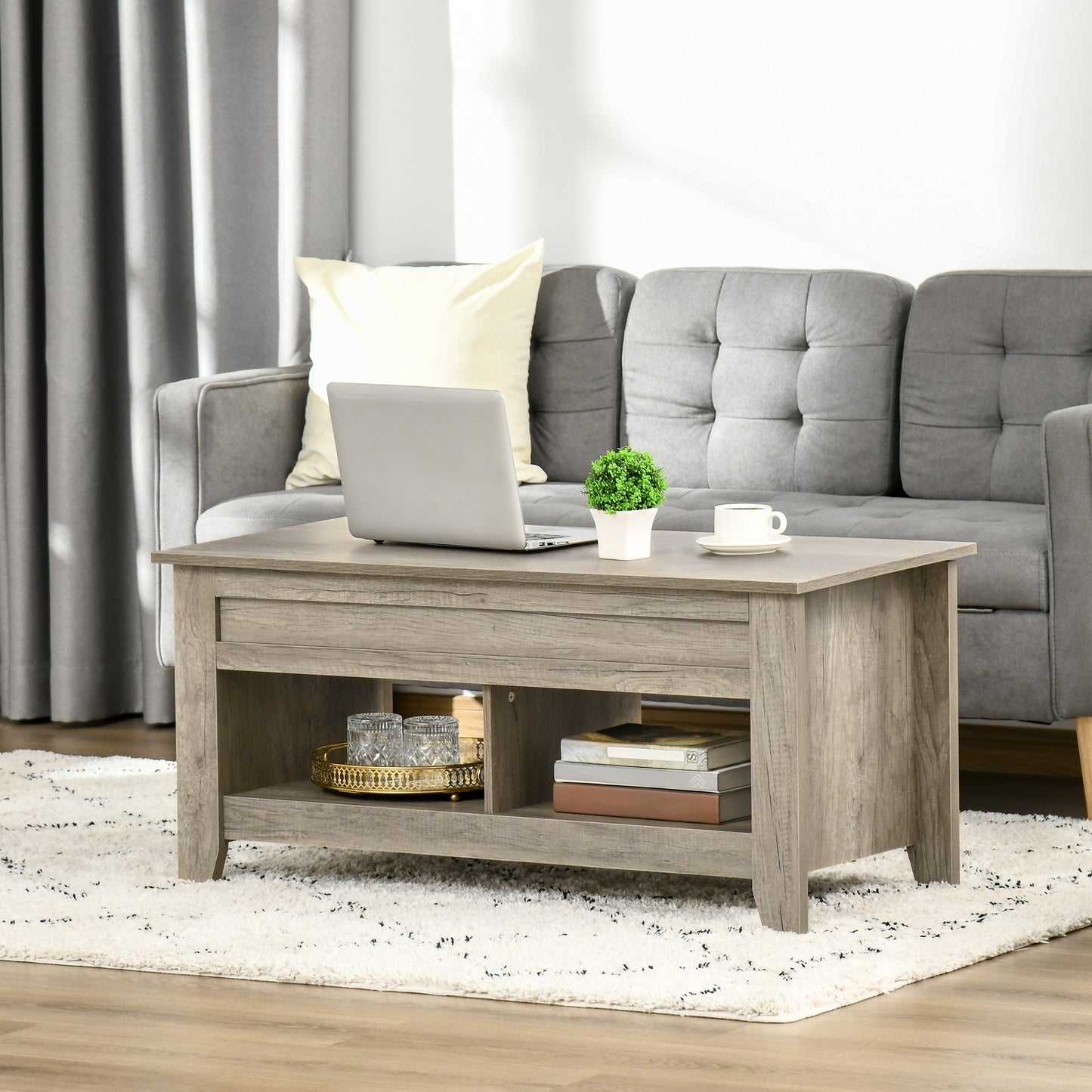 Lift Top Coffee Table with Hidden Storage Compartment and Open Shelves, Lift Tabletop Pop-Up Center Table for Living Roo
