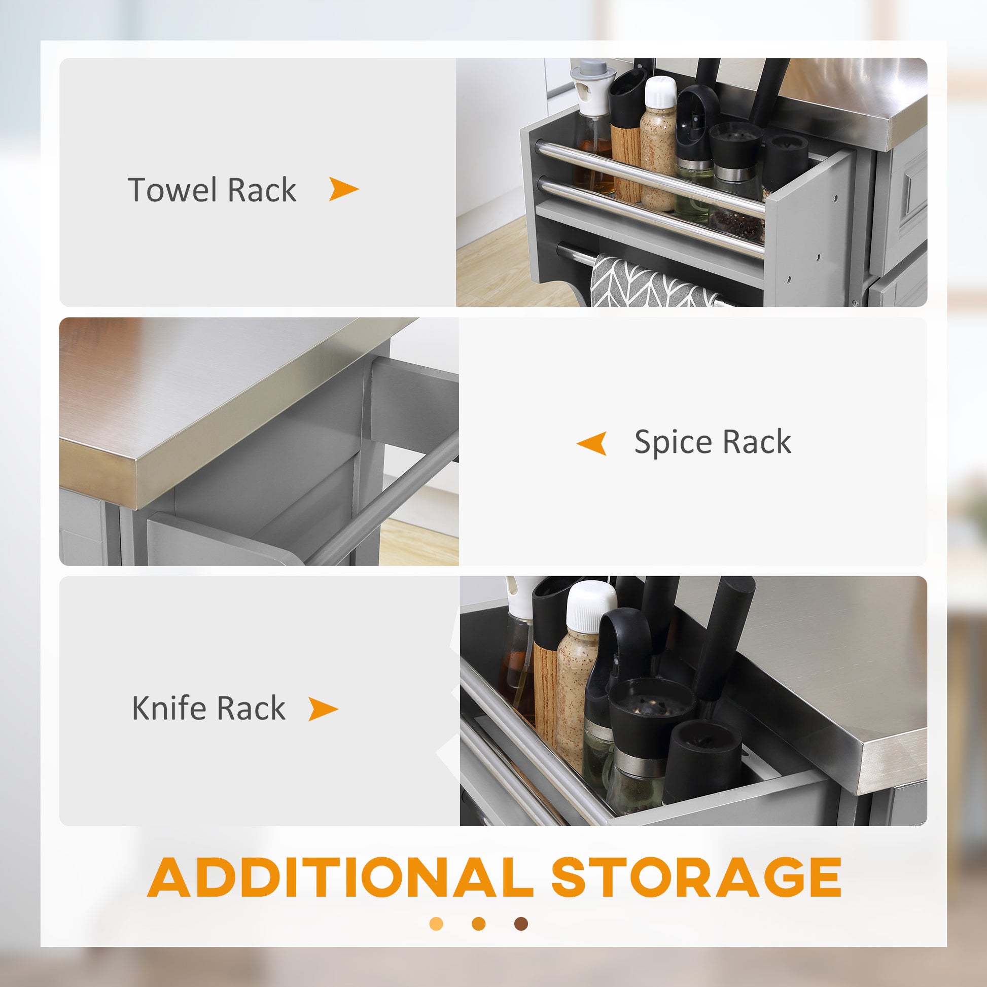 Stainless Steel Kitchen Island with Storage and Stainless Steel Top, Kitchen Trolley with Drawers, Cabinets, Towel Rack,