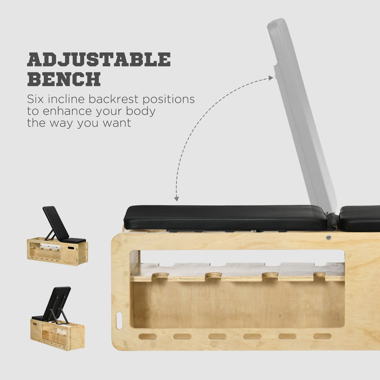 Soozier Wooden Workout Bench with Dumbbell Rack and Resistance Bands, Adjustable Incline Weight Bench for Home Gym