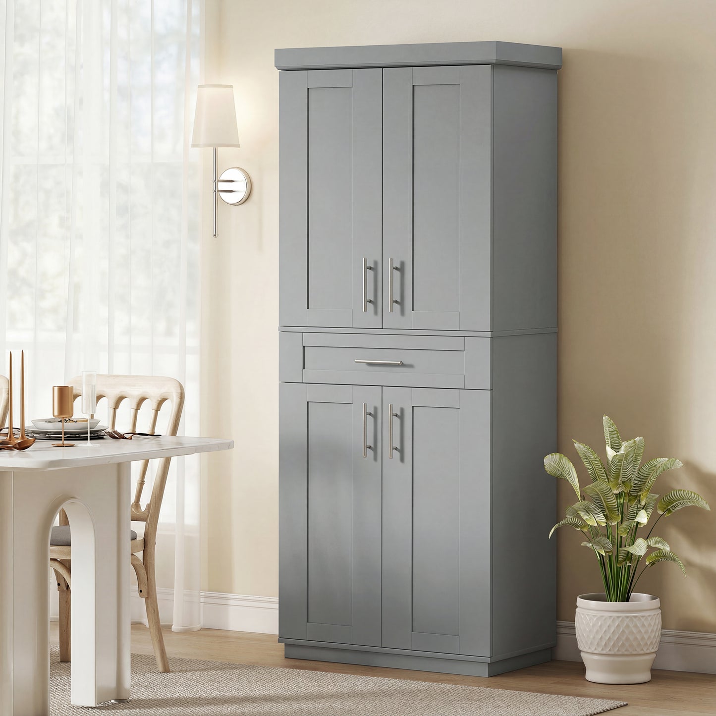 72" Storage Cabinet, Freestanding Kitchen Pantry Cabinet with 4 Doors, Drawer and 3 Adjustable Shelves, Grey