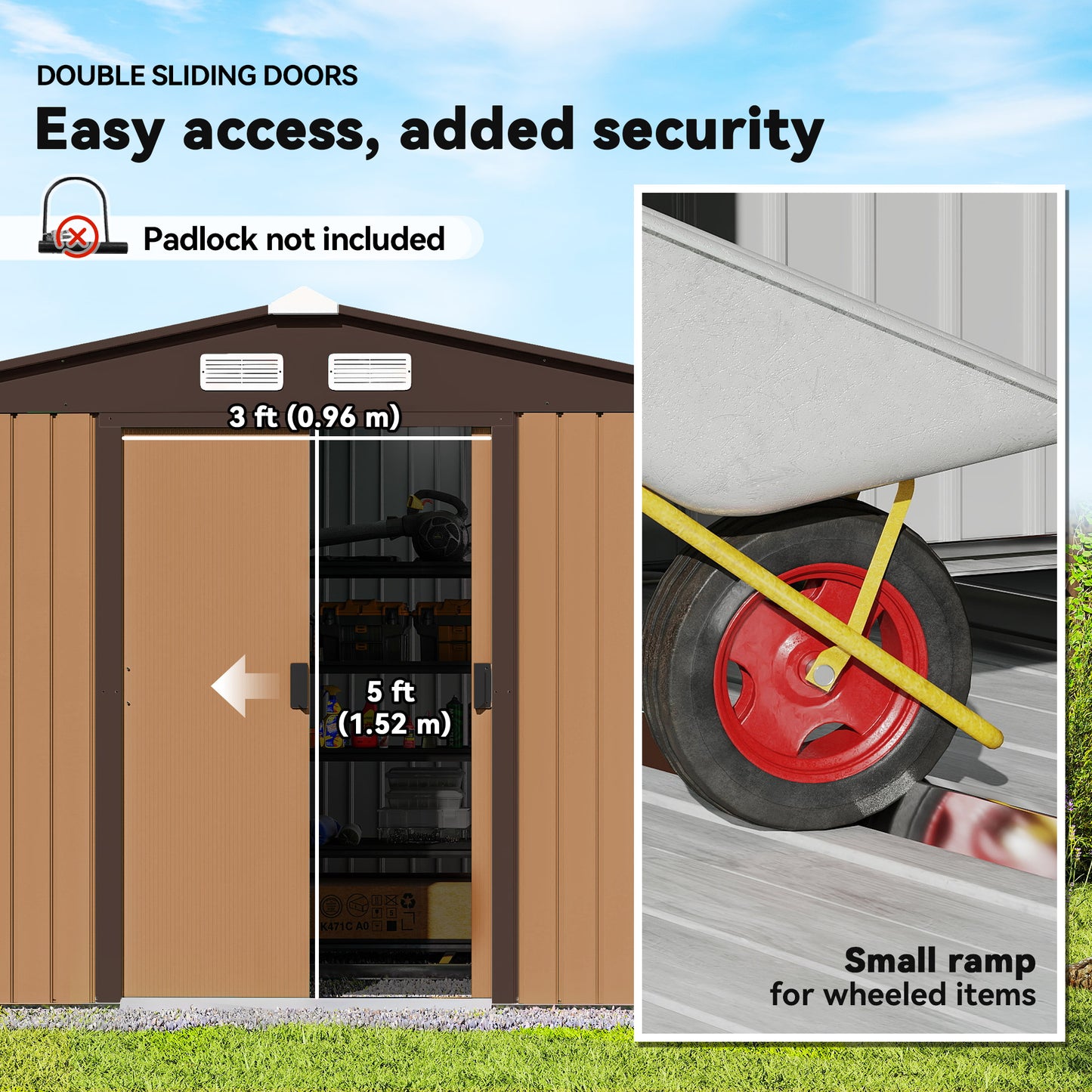 9.1 x 6.4 x 6.3 ft Garden Metal Storage Shed with Floor Foundation, Durable Outdoor Tool Storage House with Double Doors