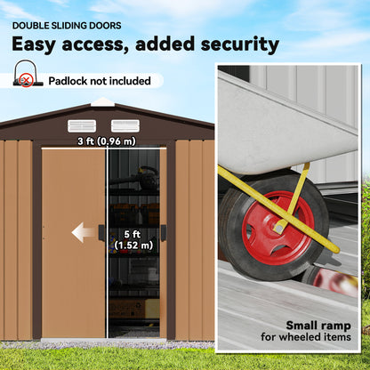 9.1 x 6.4 x 6.3 ft Garden Metal Storage Shed with Floor Foundation, Durable Outdoor Tool Storage House with Double Doors