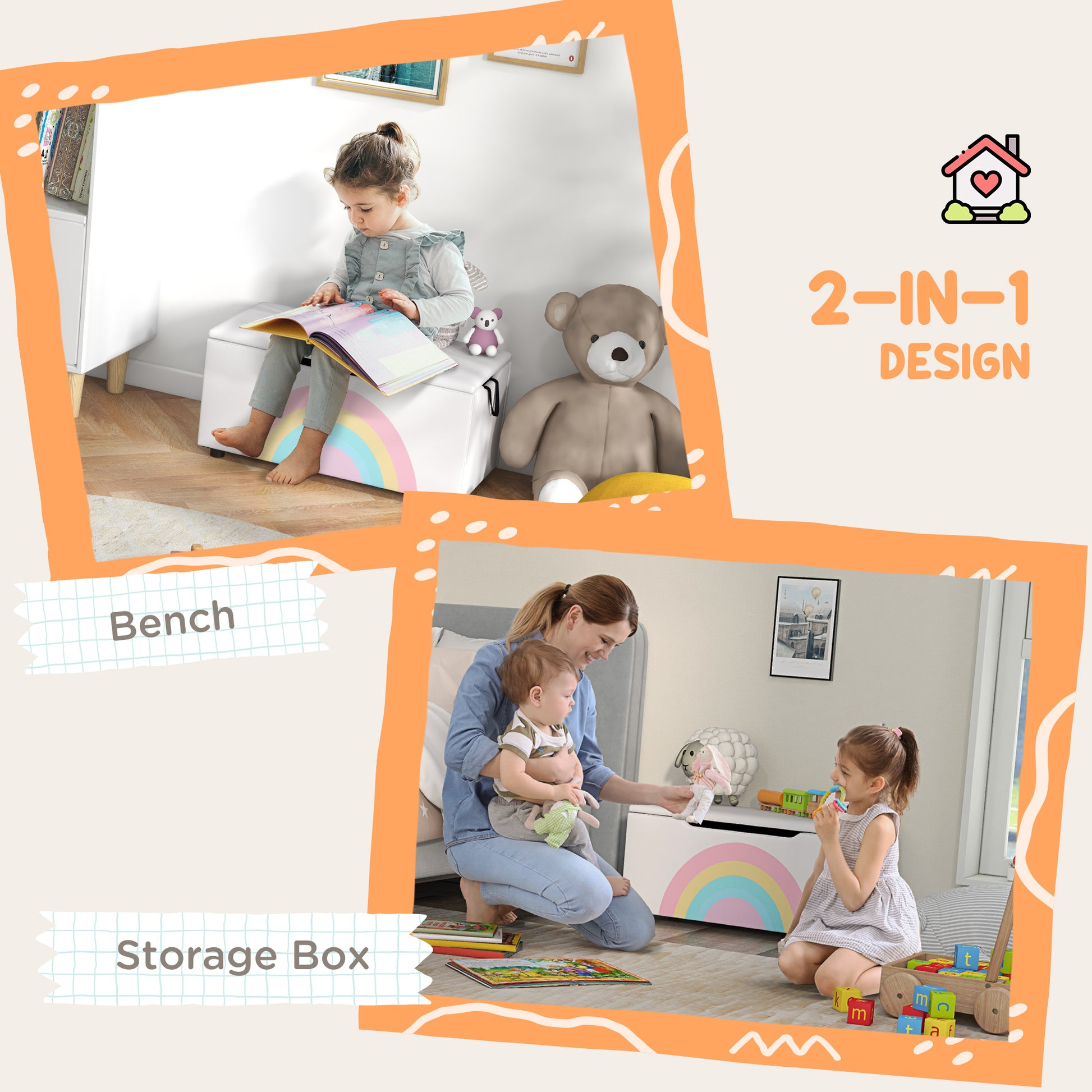 Qaba Toy Chest, Kids Toy Bench Box, Lightweight Storage Bench with Lid and Side Handles, for Nursery Room Playroom Bedro