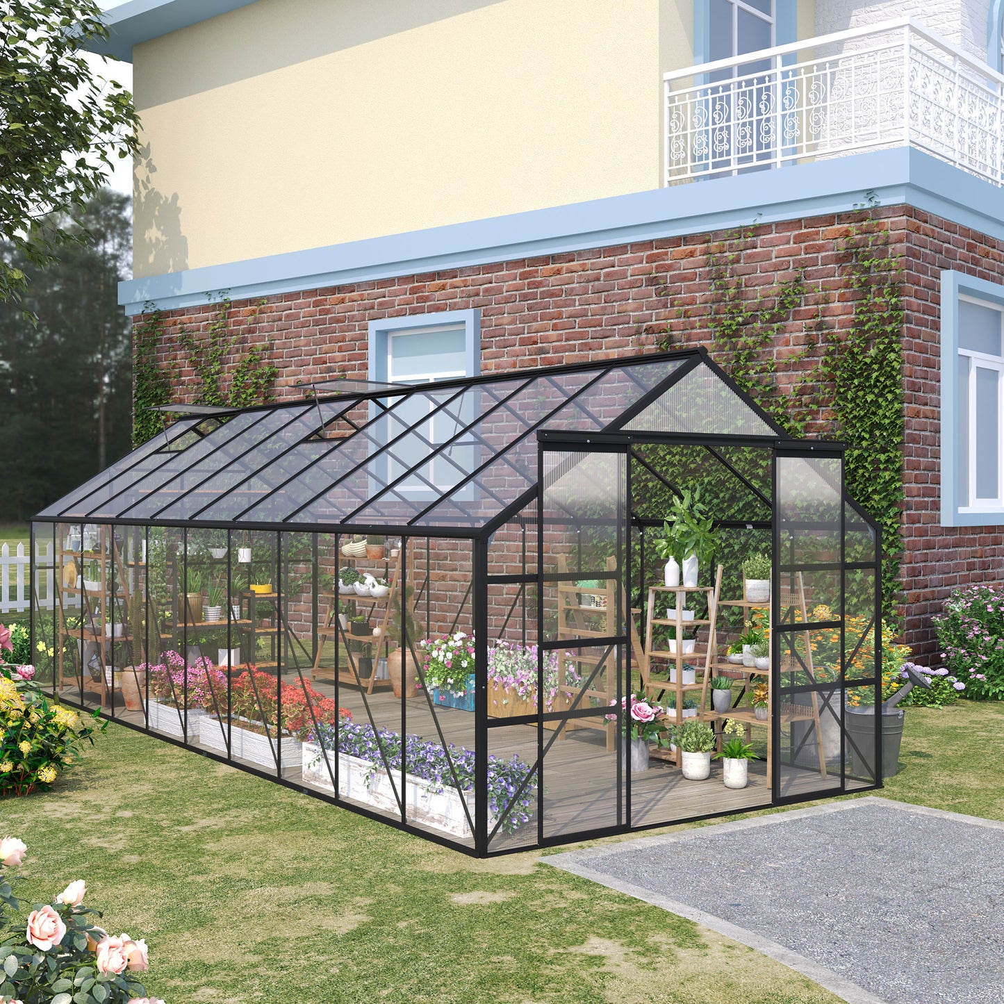 20' x 8' x 6.9' Walk-in Greenhouse with Adjustable Roof Vent, Rain Gutter and Sliding Door for Winter, Large Aluminum Gr