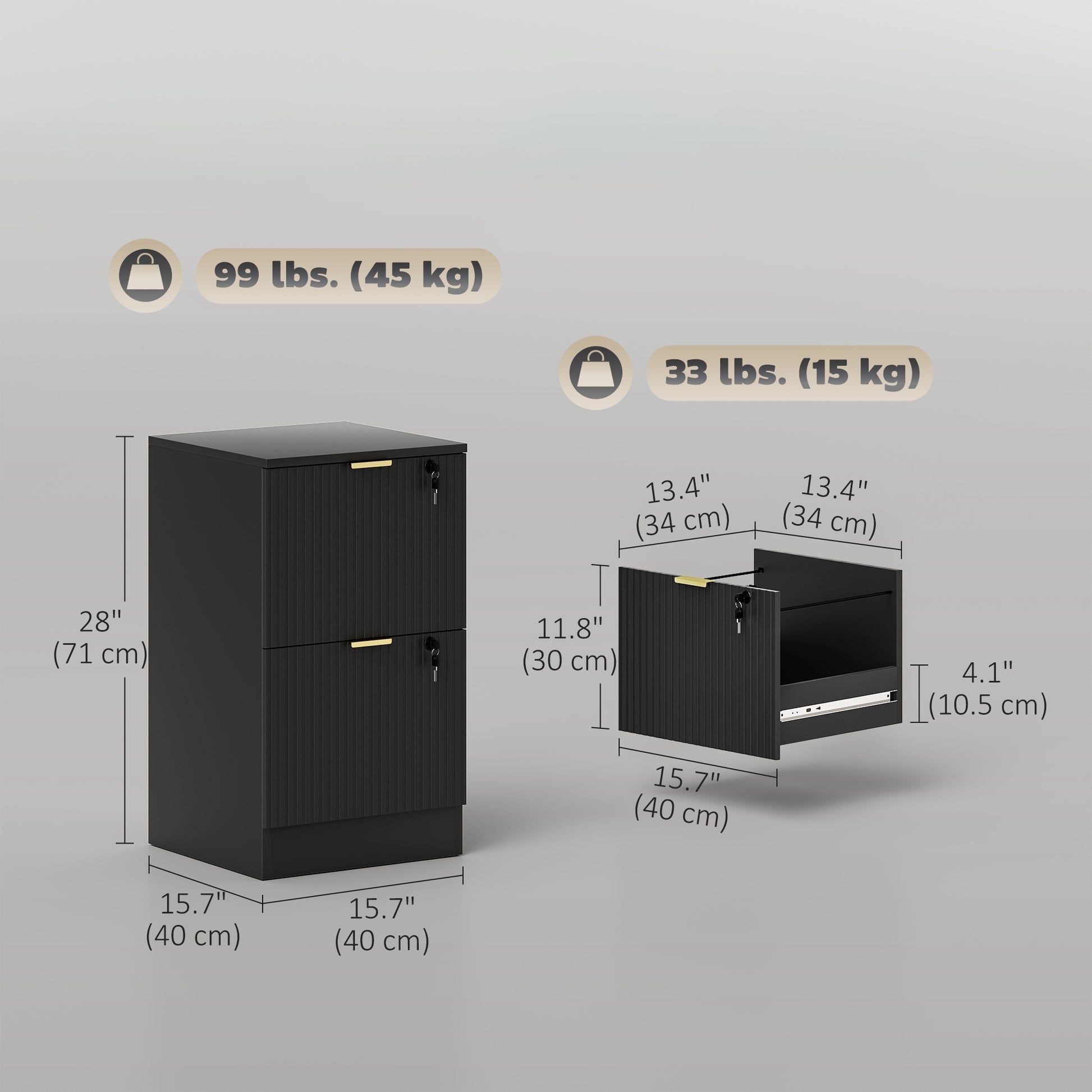 Lockable Filing Cabinet with 2 Fluted Drawers, File Cabinet with Adjustable Hanging Rails for A4 Letter Files, Black
