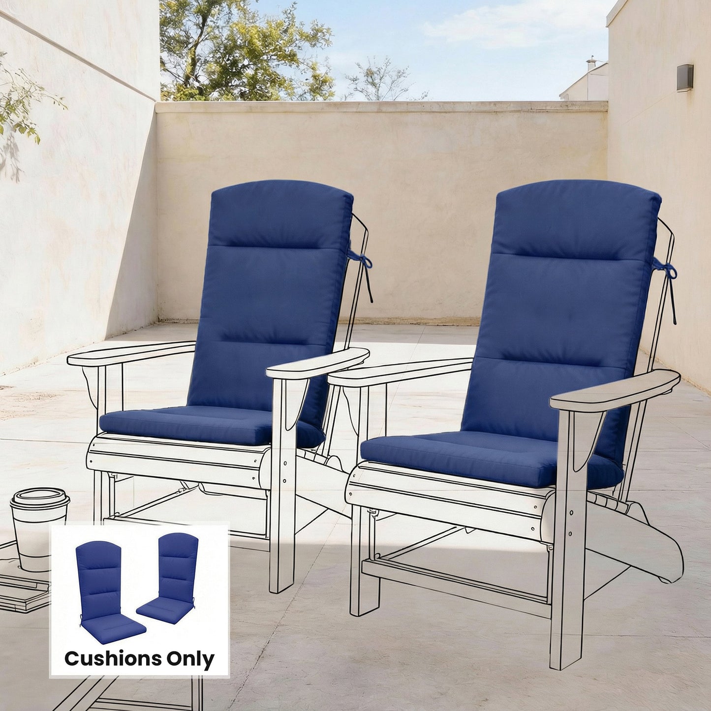 Patio Chair Cushion for Adirondack Chairs Replacement Cushion with Back and Ties, Navy Blue