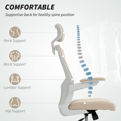 Ergonomic Office Chair, Swivel Desk Chair with Adjustable Lumbar Support, Headrest and Height, Flip-up Armrests, Beige