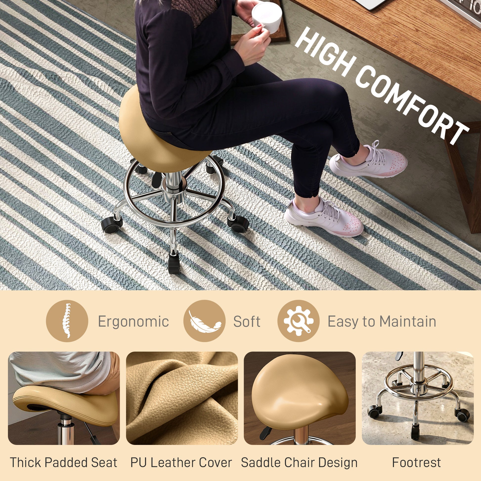 Saddle Stool, PU Leather Adjustable Rolling Salon Chair, Light Brown