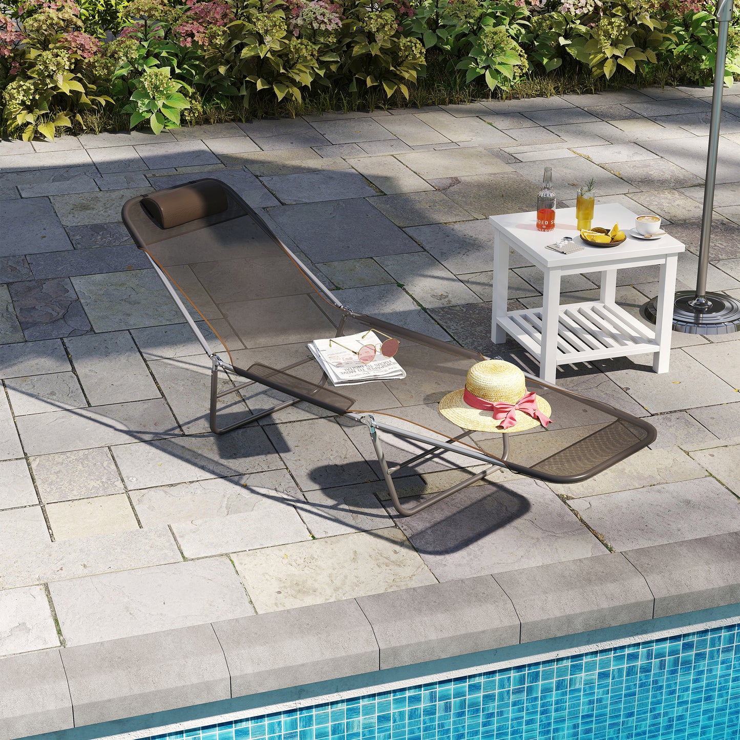 Outdoor Lounge Chair, Portable Adjustable Reclining Seat Folding Chaise Lounge Patio Camping Beach Tanning Chair Bed wit