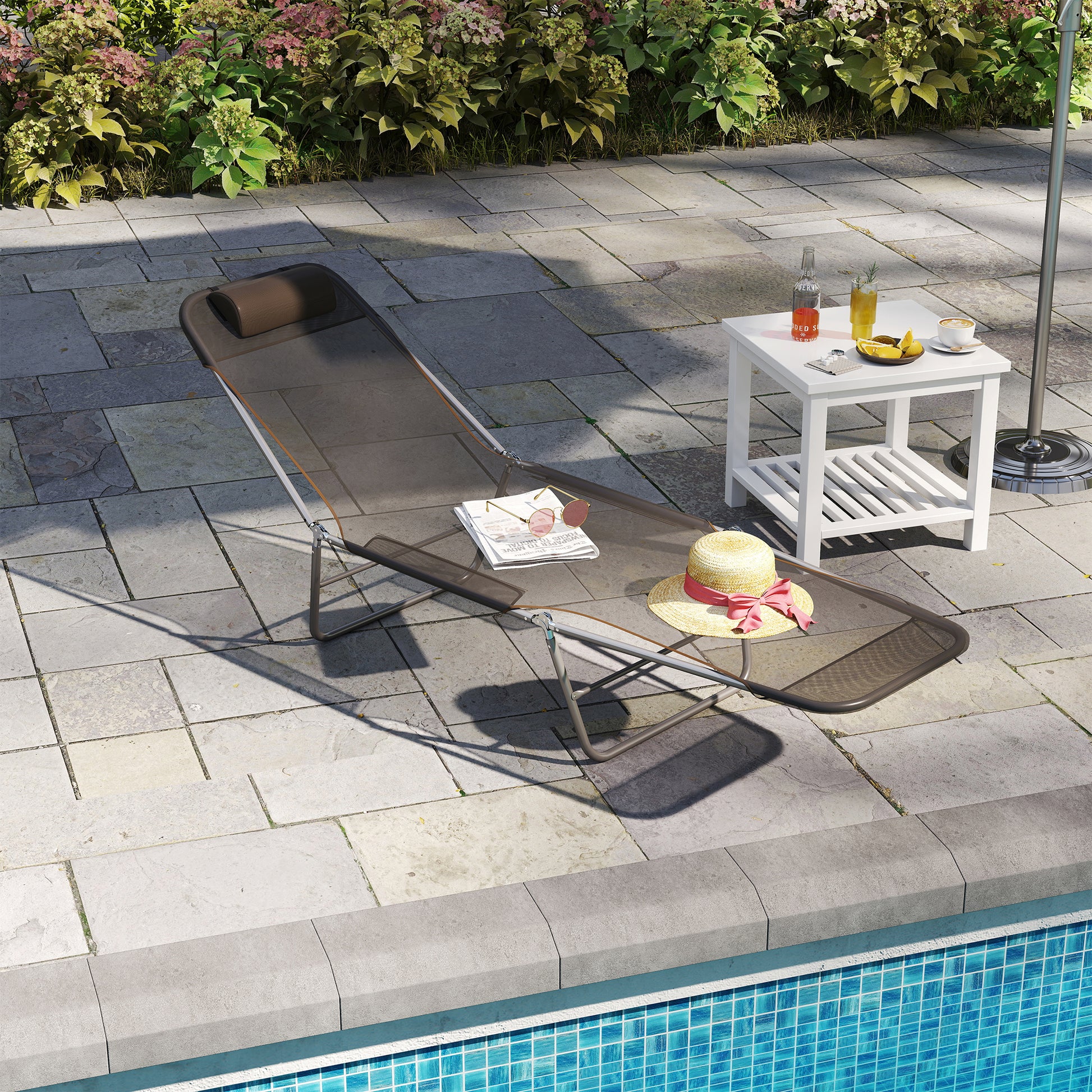 Outdoor Lounge Chair, Portable Adjustable Reclining Seat Folding Chaise Lounge Patio Camping Beach Tanning Chair Bed wit