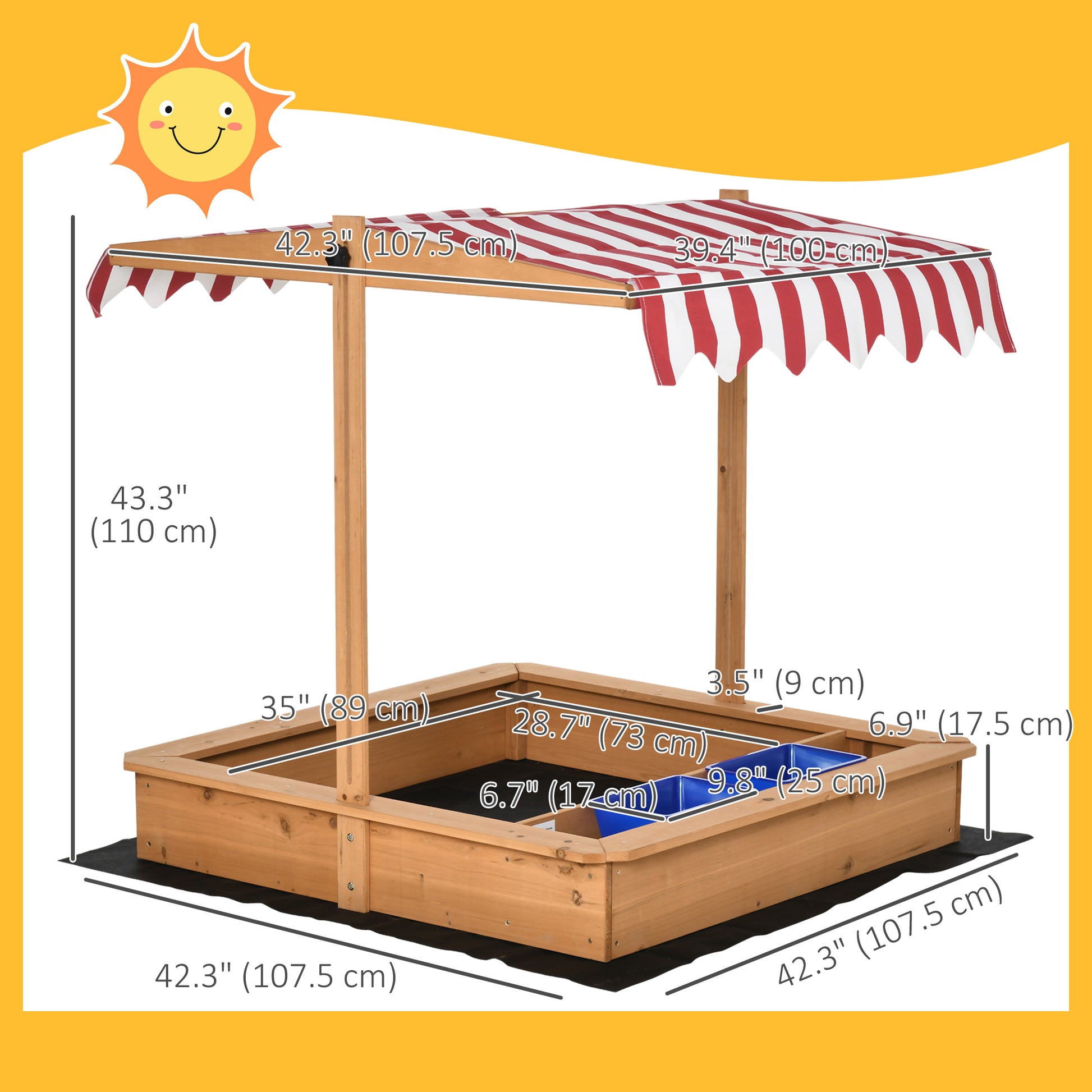 Kids Wooden Sandbox, Children Play Sand Station Outdoor with Adjustable Height Cover Lid, Bottom Liner, Seat, Plastic Ba