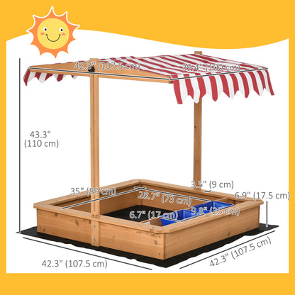 Kids Wooden Sandbox, Children Play Sand Station Outdoor with Adjustable Height Cover Lid, Bottom Liner, Seat, Plastic Ba