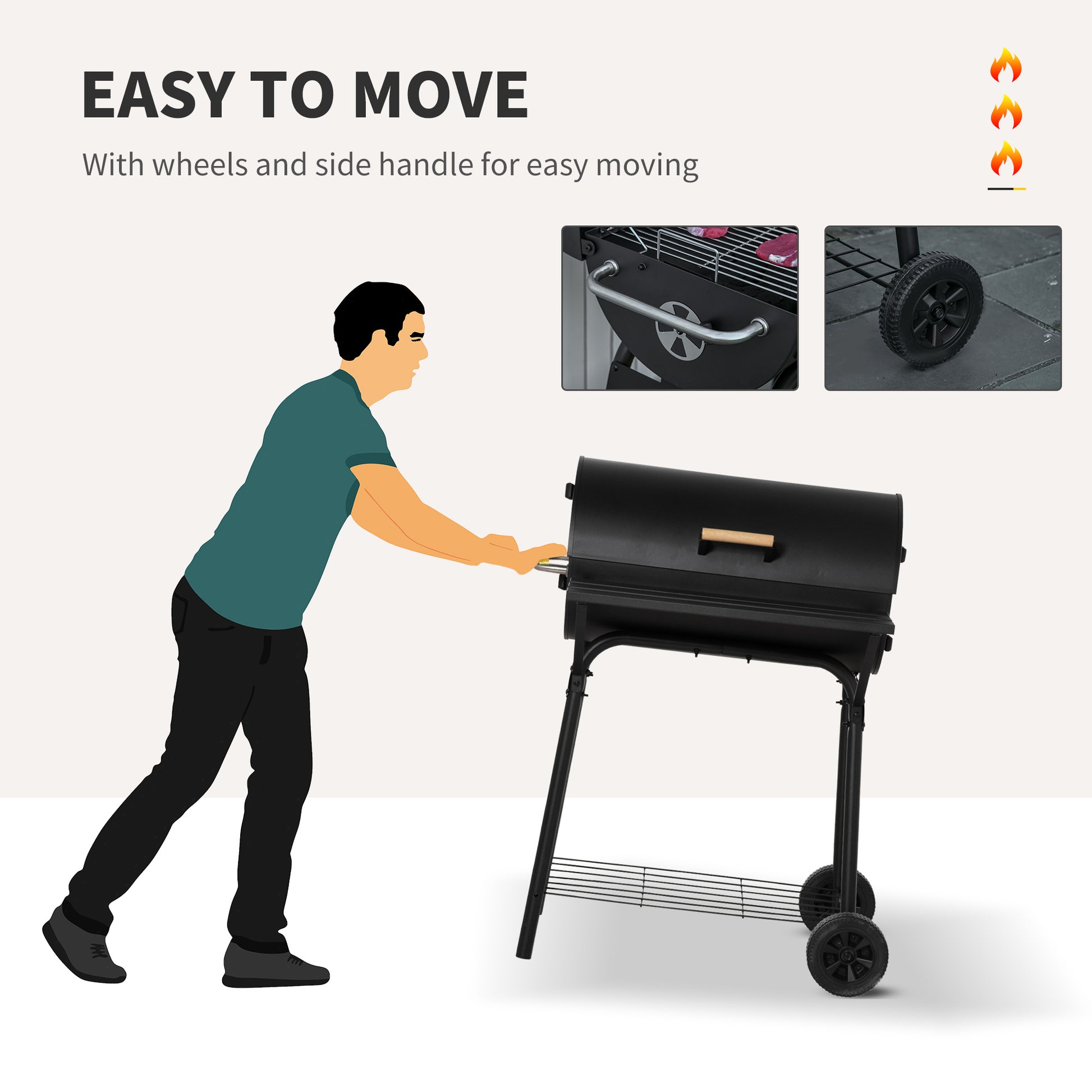 30" Charcoal Barbecue Grill with Wheels Outdoor Barbecue with Adjustable Charcoal Rack, Storage Shelf, Wheel, for Garden