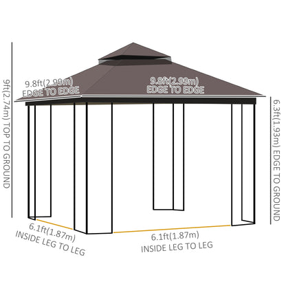 10'x10' Soft-top Patio Gazebo with Double Tier Roof, Mesh Curtains, Display Shelves, Top Hooks, Coffee