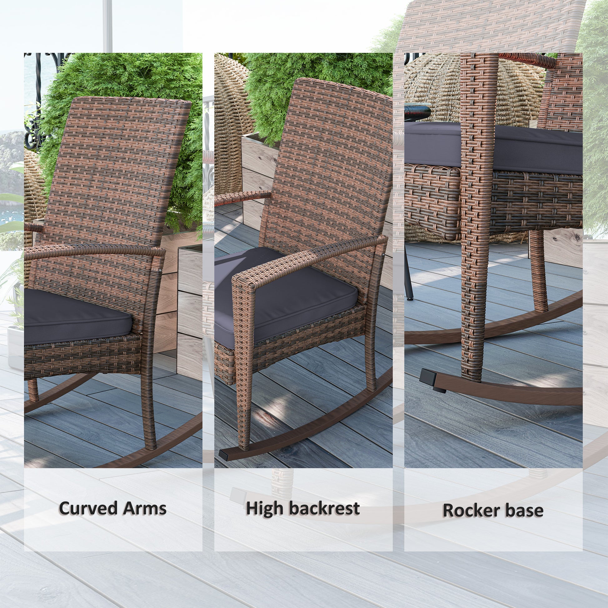 Outdoor PE Rattan Rocking Chair, Garden Glider Rocking Chair, Wicker Patio Chair Set with Armrest and Cushion, Dark Blue