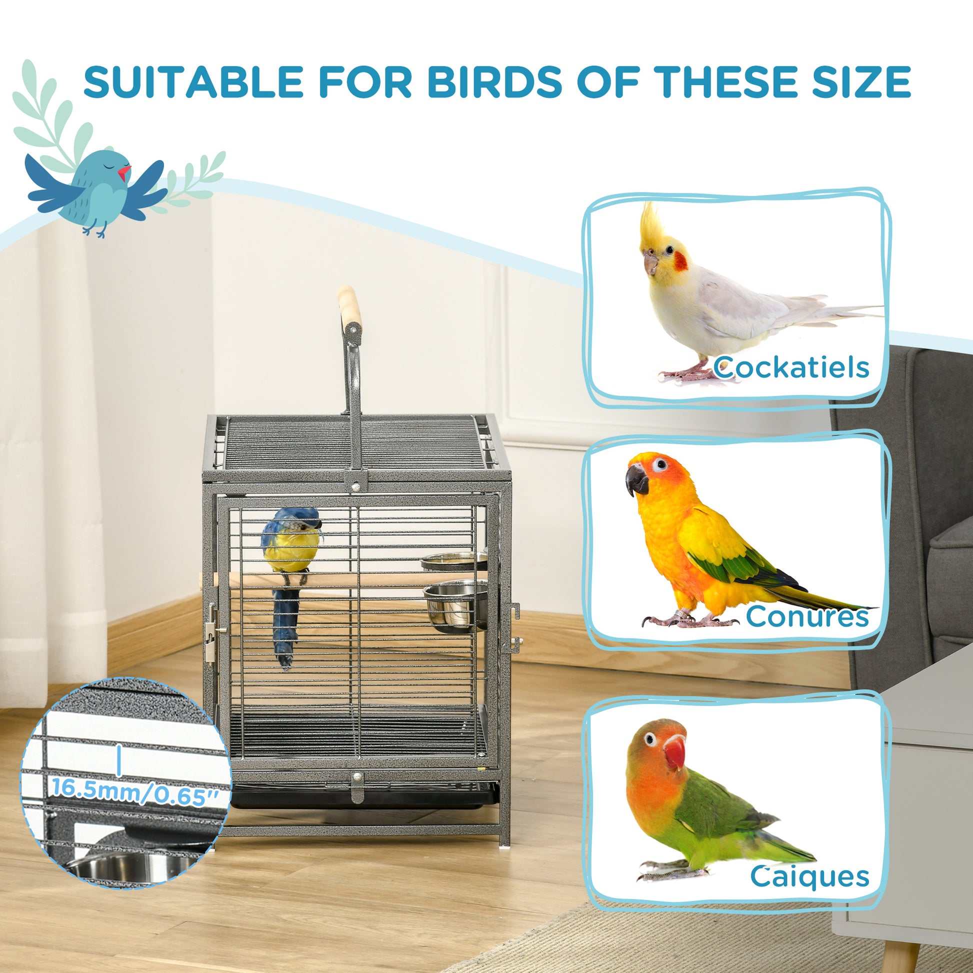 Bird Travel Carrier Cage, Portable Metal Bird Cage for Parrots Conures Cockatiel Parakeets with Stand Perch, Stainless S