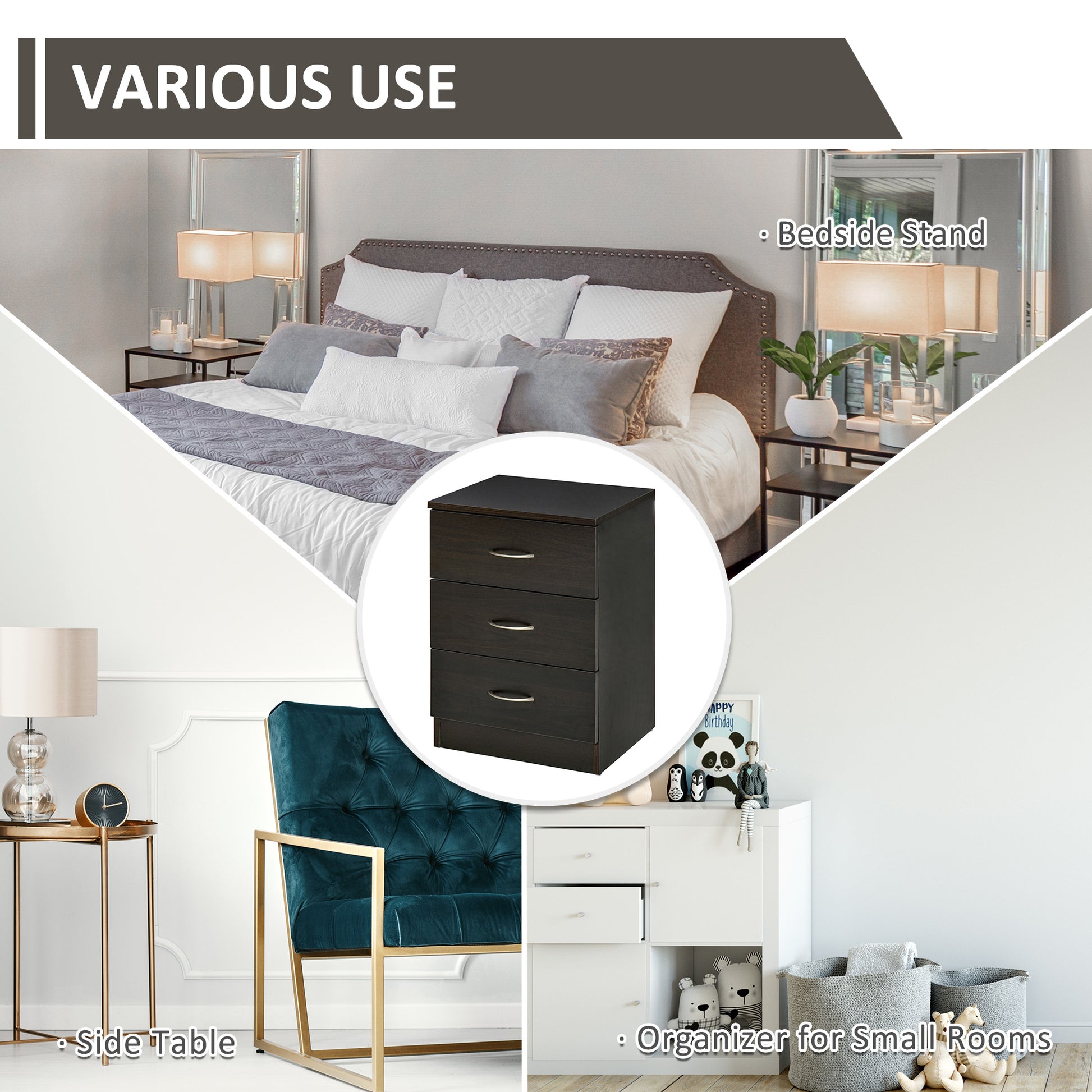 Bedside Table with 3 Drawers, Modern Wood Nightstand, Side Table with Anti-tipping Design for Bedroom, Set of 2, Dark Br