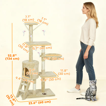 53" Cat Tree Tower, Kitten Activity Centre with Scratching Posts, Condo, Perches, Ladder, Hammock, Dangling Toys, Beige