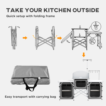 Aluminum Camping Kitchen, Portable Folding Camping Table with Fabric Cupboards, Windshield, Bag for BBQ, Picnic, Grey