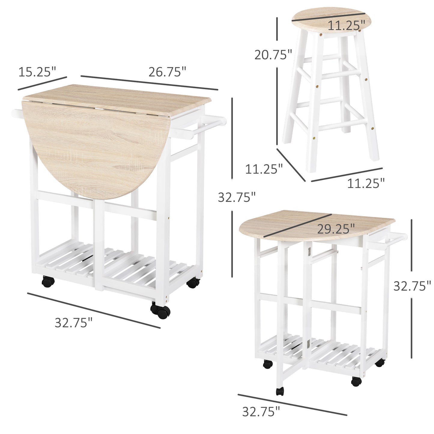Kitchen Trolley 3 Piece Kitchen Cart Set Drop Leaf Breakfast Table and 2 Stools w/ Rolling Wheels & Towel Bars, Wood & W