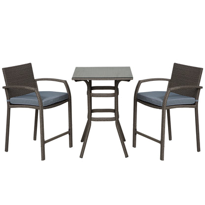 3 Pieces Patio Bar Set Wicker Garden Bistro Set Outdoor Furniture PE Rattan Table and Stools with Seat Cushion, Grey