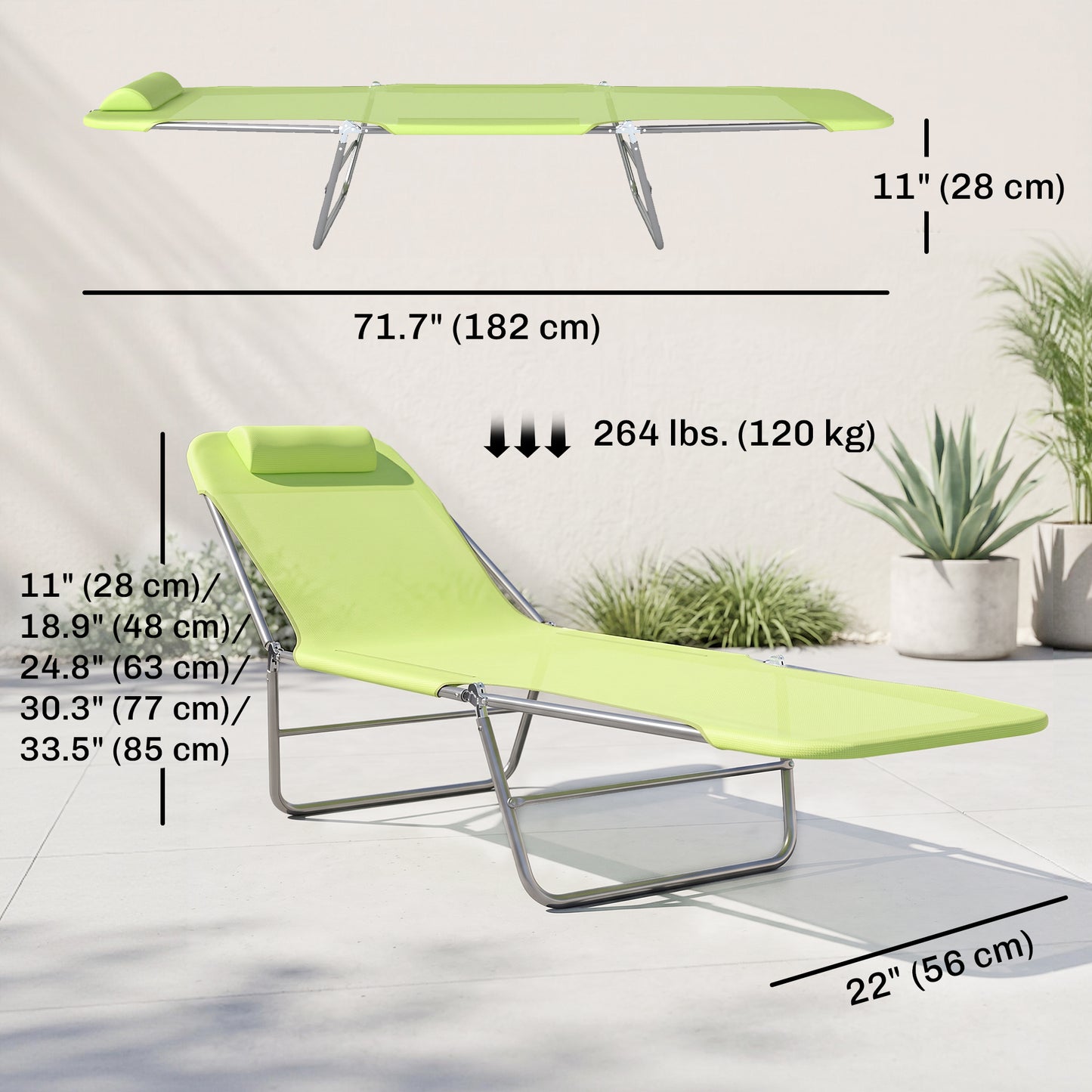 Outdoor Lounge Chair, Portable Adjustable Reclining Seat Folding Chaise Lounge Patio Camping Beach Tanning Chair Bed wit